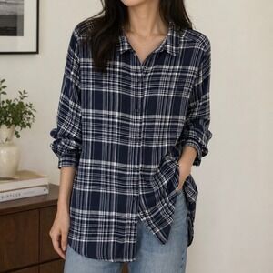 Avenue Womens Black White Plaid Button Down Tunic Shirt Viscose Size 30/32